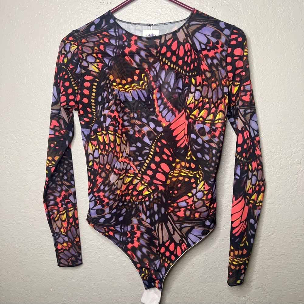 Yitty Mesh Me Smoothing Long Sleeve Thong Bodysuit Butterfly Pattern, Medium